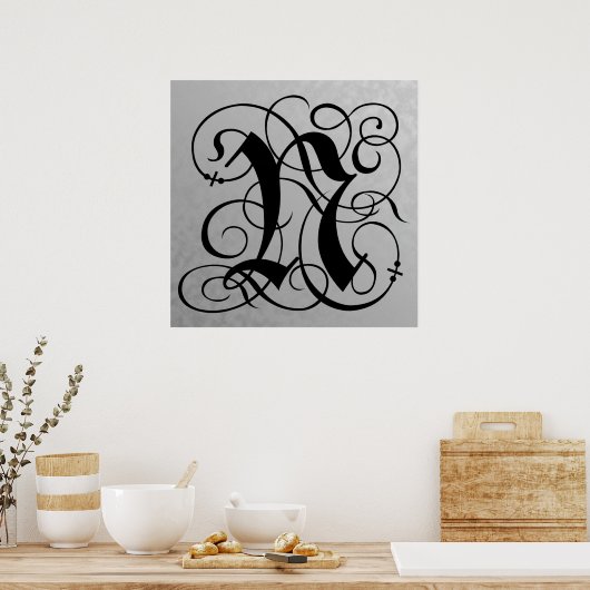 Letter N, Gothic Monogram Black Poster (Keuken)
