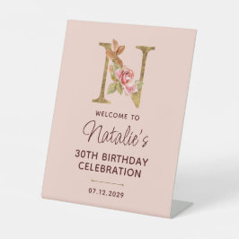 Letter N Gouden Monogram Roze Rozen Bord Reclamebord Met Voetstuk
