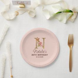 Letter N Gouden Monogram Roze Rozen Papieren Bordje