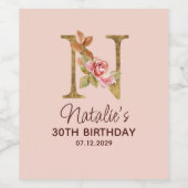 Letter N Gouden Monogram Roze Rozen Wijn Etiket (Enkel label)