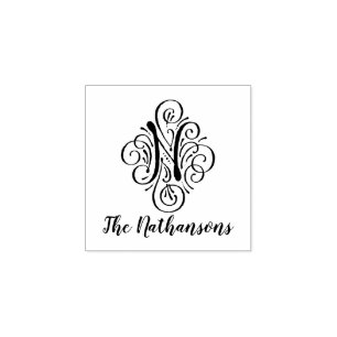 Letter N Initiaal Elegant Flourish Monogram Name Rubberstempel
