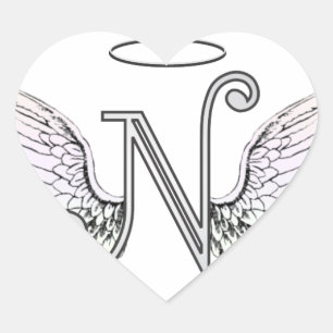 Letter N Initiaal Monogram met Angel Wings & Halo Hart Sticker