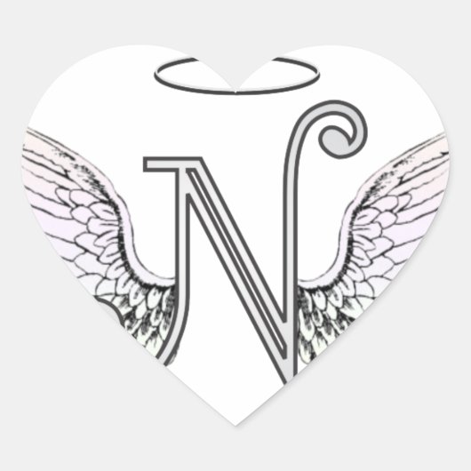 Letter N Initiaal Monogram met Angel Wings & Halo Hart Sticker (Voorkant)