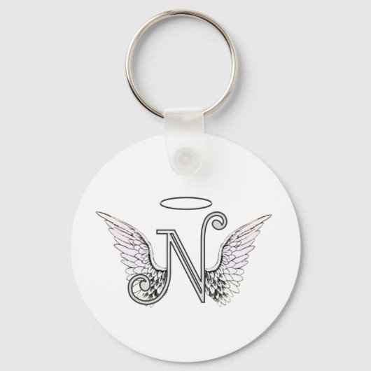 Letter N Initiaal Monogram met Angel Wings & Halo Sleutelhanger (Voorkant)