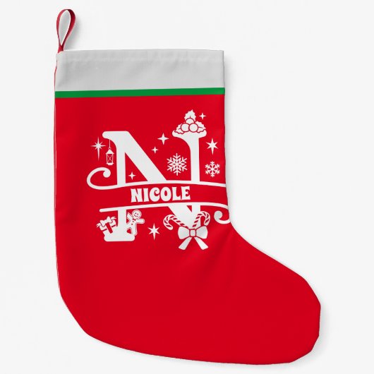 Letter N Kerstmonogram Initiaal Naam Rood Wit Kleine Kerstsok (Voorkant)