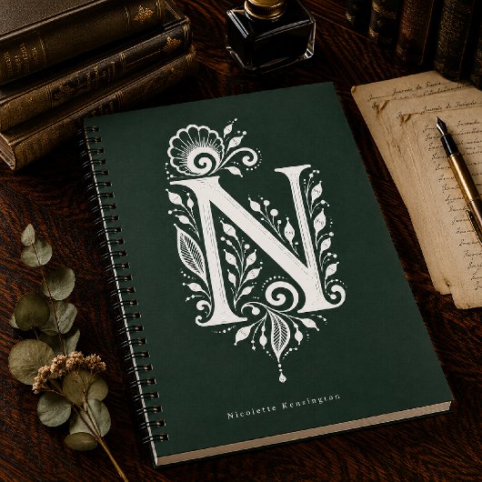 Letter N Linocut Botanisch Monogram Notitieboek