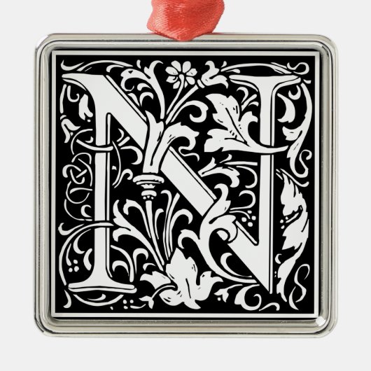 Letter N Medieval Monogram Initiaal Metalen Ornament (Voorkant)