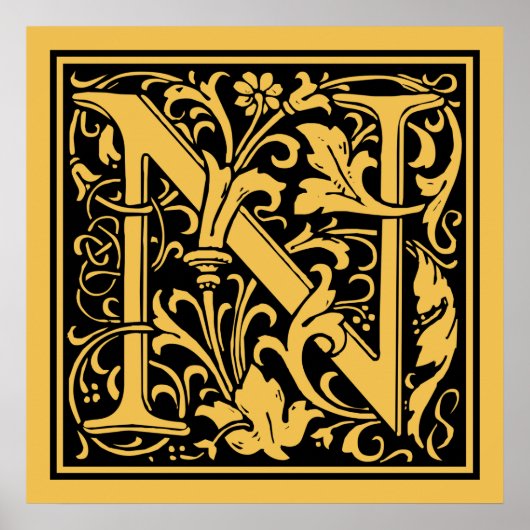 Letter N Medieval Monogram  Initiaal Poster (Voorkant)