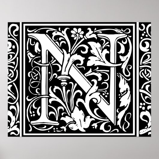Letter N Medieval Monogram  Initiaal Poster (Voorkant)