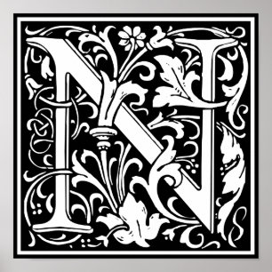 Letter N Medieval Monogram  Initiaal Poster