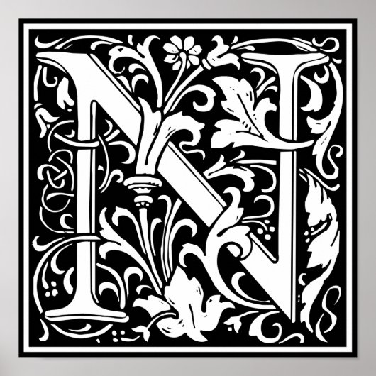 Letter N Medieval Monogram  Initiaal Poster (Voorkant)
