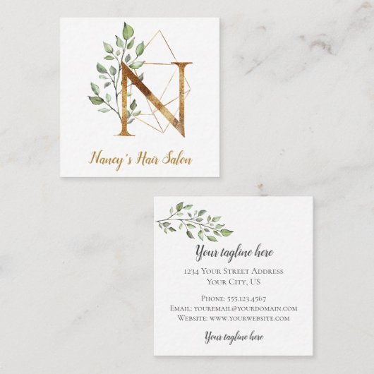 Letter N met Gold Geometric Design en Flowers Vierkante Visitekaartje (Voorkant / Achterkant)