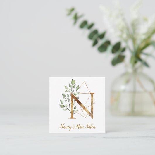 Letter N met Gold Geometric Design en Flowers Vierkante Visitekaartje (Staand voorkant)
