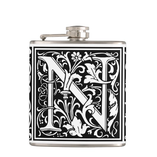 Letter N Middeleeuwse Monogram Art Nouveau Heupfles (Voorkant)