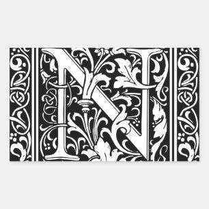 Letter N Middeleeuwse Monogram Art Nouveau Rechthoekige Sticker