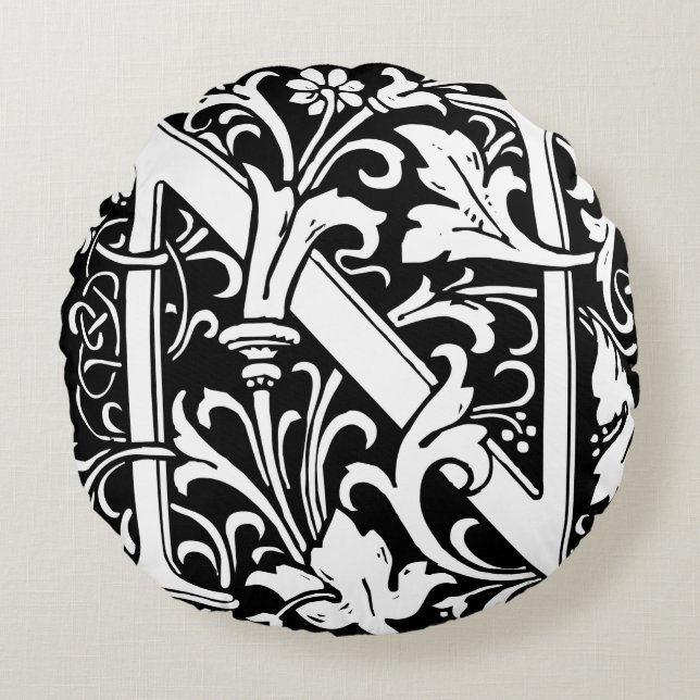 Letter N Middeleeuwse Monogram Art Nouveau Rond Kussen (Voorkant)