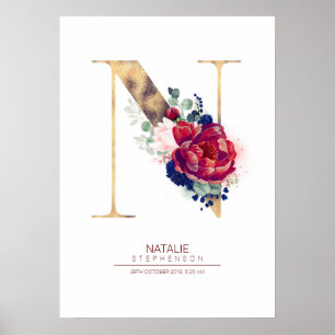 Letter N Monogram Bloemendecor Navyblauw en Burgun Poster