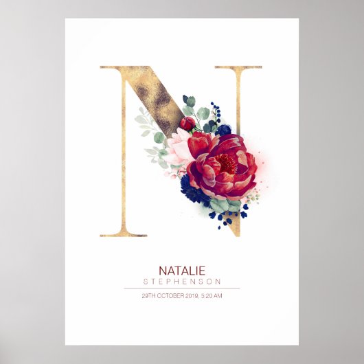 Letter N Monogram Florale Navyblauw en Bordeauxroo Poster (Voorkant)