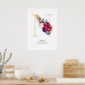 Letter N Monogram Florale Navyblauw en Bordeauxroo Poster (Keuken)