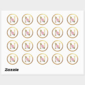 Letter N Monogram Roze Rozen Bloemen & Elegant Gou Ronde Sticker (Vel)