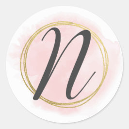 Letter N Monogram Roze Waterverf Goud Chic Ronde Sticker