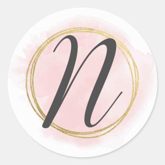 Letter N Monogram Roze Waterverf Goud Chic Ronde Sticker (Voorkant)