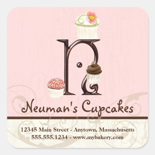 Letter N Monogram Waterverf Cupcake Logo Business Vierkante Sticker (Voorkant)