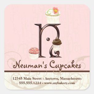 Letter N Monogram Waterverf Cupcake Logo Business Vierkante Sticker