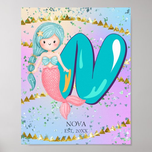 Letter N Monogram Waterverf Cute Mermaid Nursery Poster (Voorkant)