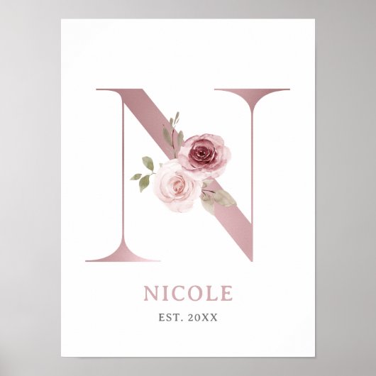 Letter N Monogram Waterverf Roos Bloemen Kinderkam Poster (Voorkant)