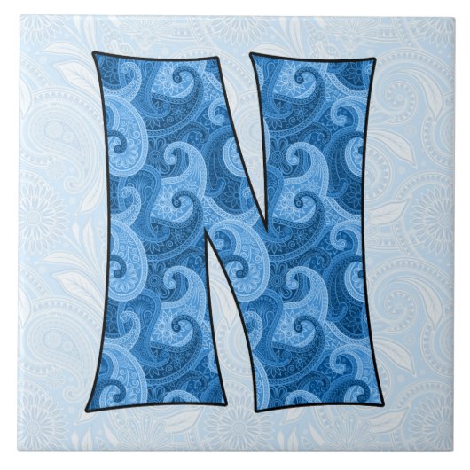 Letter N - Monogrammed Blue Paisley Tegeltje (Voorkant)