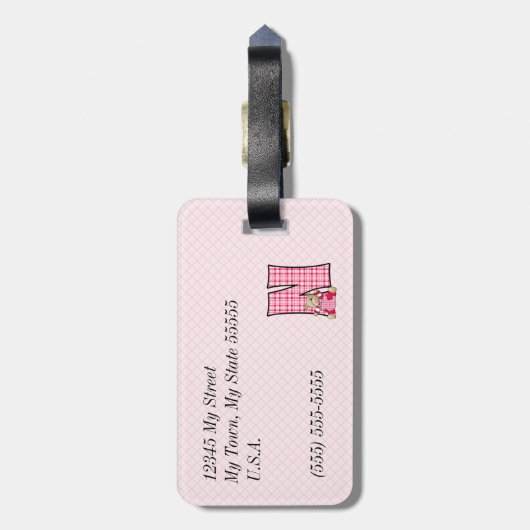 Letter N Teddy Bear in Pink Gingham Checks Bagagelabel (Achterkant verticaal)