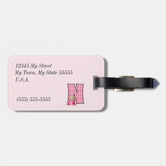 Letter N Teddy Bear in Pink Gingham Checks Bagagelabel (Achterkant horizontaal)