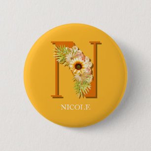 Letter N Zonnebloem Bloemige Monogram met Naam Ronde Button 5,7 Cm
