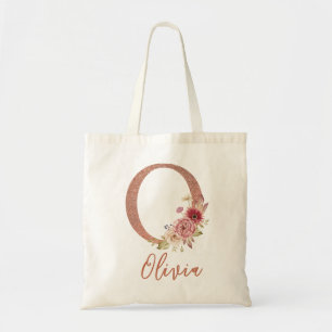 Letter O Blush roze Glitter Floral Monogram Tote Bag
