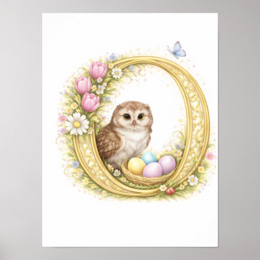 Letter O Gold Spring Nature Monogram Owl Kids Poster (Voorkant)