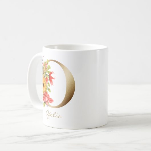 Letter O Gouden Monogram Geel Rood Paarse Bloem Koffiemok (Voorkant links)