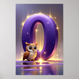Letter O met Uil Poster Glitter Paarse Lettertype