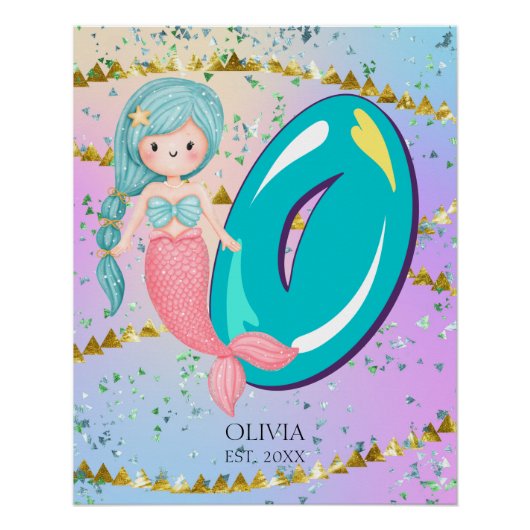 Letter O Monogram Waterverf Cute Mermaid Nursery Perfect Poster (Voorkant)