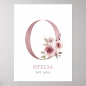 Letter O Monogram Waterverf Roos Bloemen Kinderkam Poster (Voorkant)