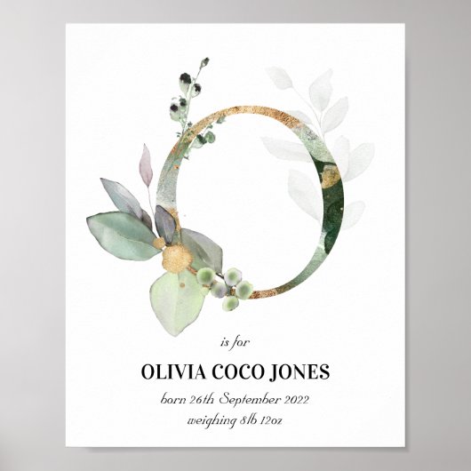 Letter O New Baby Monogram Birth Print Greenery (Voorkant)