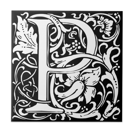 Letter P art nouveau black and white Tegel Tegeltje (Voorkant)