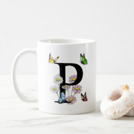 Letter P Bloem Vlinder Monogram Initiaal    Koffiemok