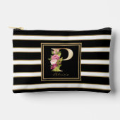 Letter P Bloemmonogram Zwart Wit Gouden Strepen Etui (Voorkant)