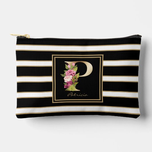 Letter P Bloemmonogram Zwart Wit Gouden Strepen Etui (Voorkant)