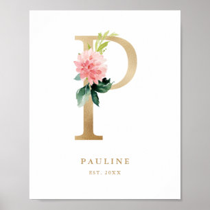 Letter P Blush Floral Monogram Gold Foil Nursery Poster
