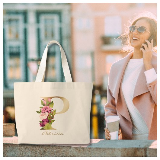 Letter P Elegant Floral Gold Monogram Grote Tote Bag