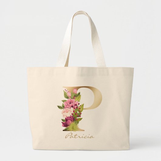 Letter P Elegant Floral Gold Monogram Grote Tote Bag (Voorkant)