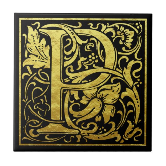 Letter P First Letter Faux Gold Black Tegeltje (Voorkant)