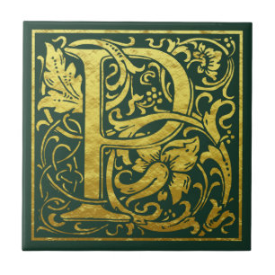 Letter P First Letter Faux Gold Celtic Green Tegeltje